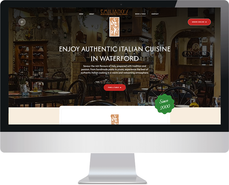 Emilano's restaurant website in screen